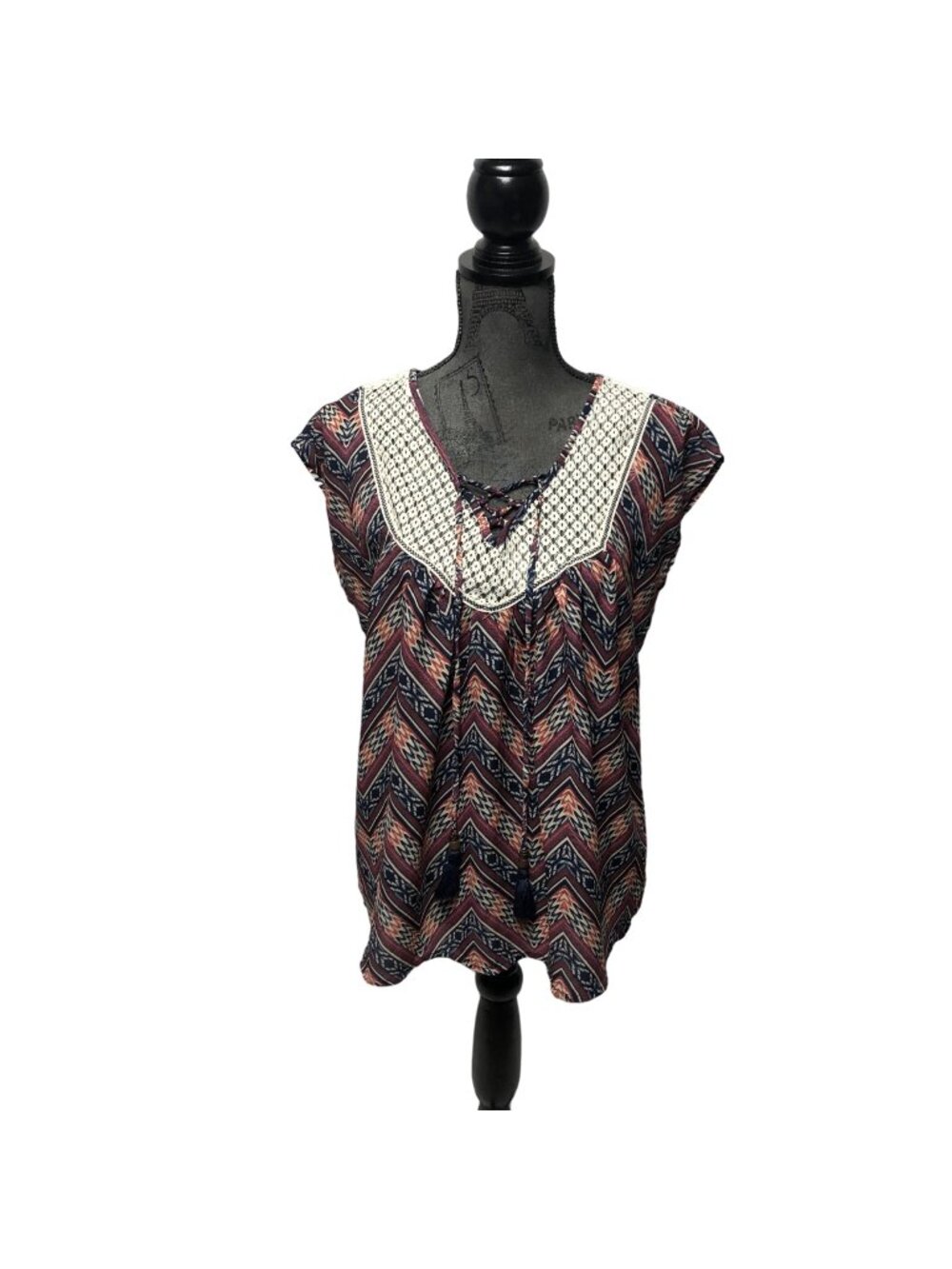 Rewind Chevron Pattern Top Crochet Yoke Womens Size XL Lightweight V-Neck Hippie